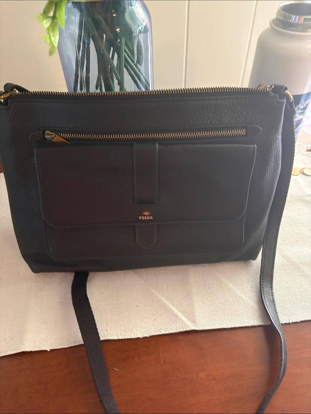 Fossil Black Leather Messenger Crossbody Bag